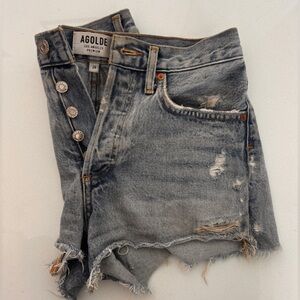 Agolde Light Blue Distressed Denim Shorts